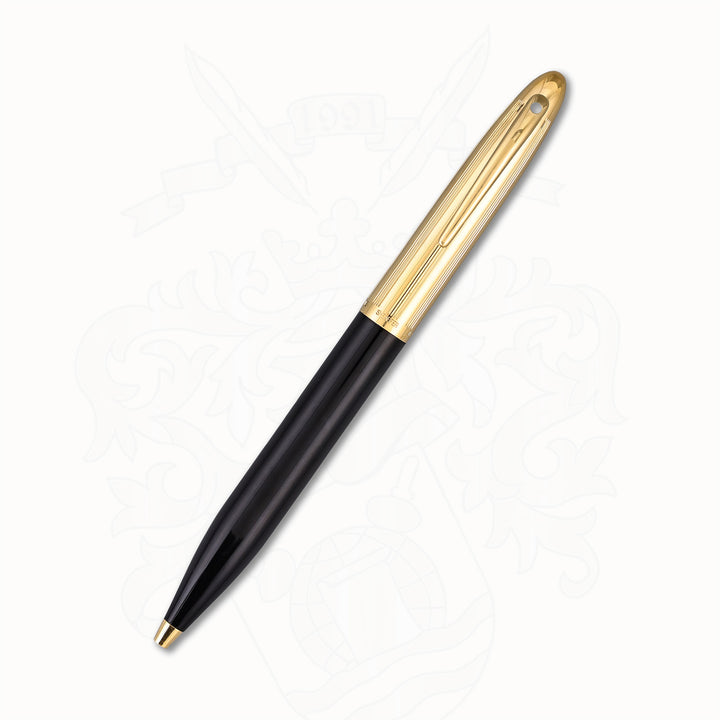 Sheaffer Crest Model 593 Ballpoint Pen – Black Lacquer with Gold-Plated Fluted Barrel Overlay