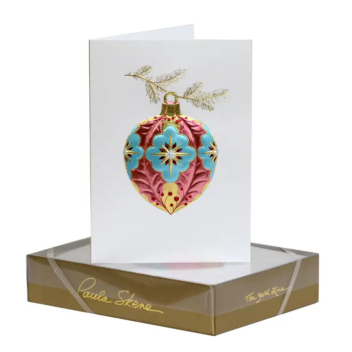 Paula Skene Holly Ornament Pink On Silver Satin Christmas Card Boxed