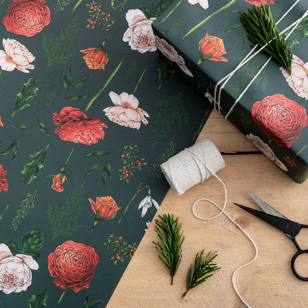 Catherine Lewis Berry Roses - Navy Gift Wrapping Paper (2 Sheets)