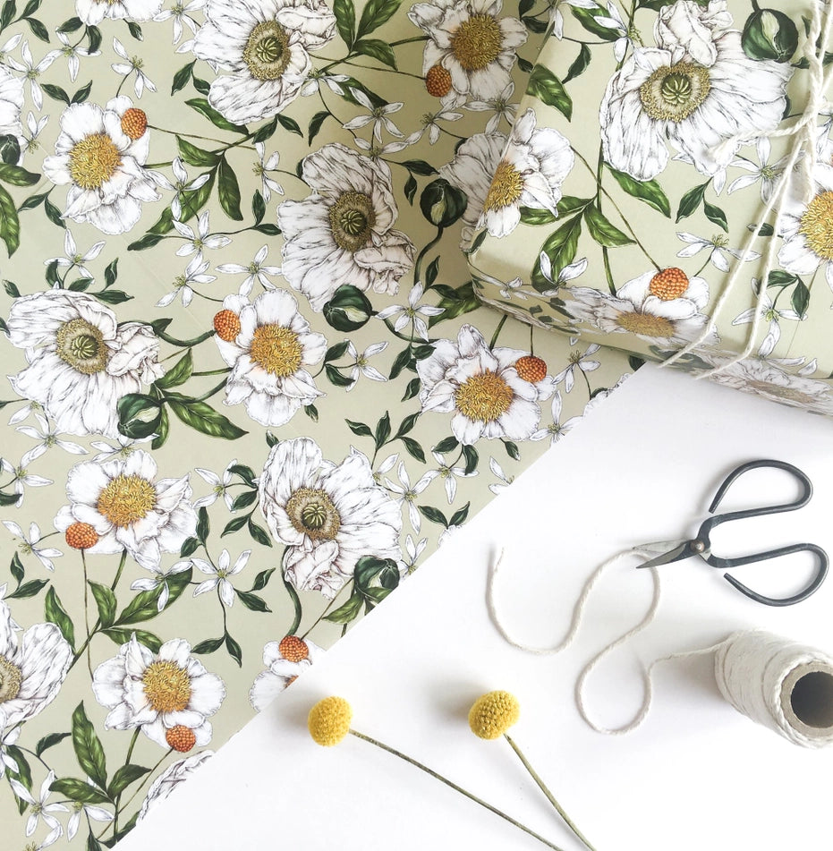 Catherine Lewis Spring Blossom - Green Gift Wrapping Paper (2 Sheets)
