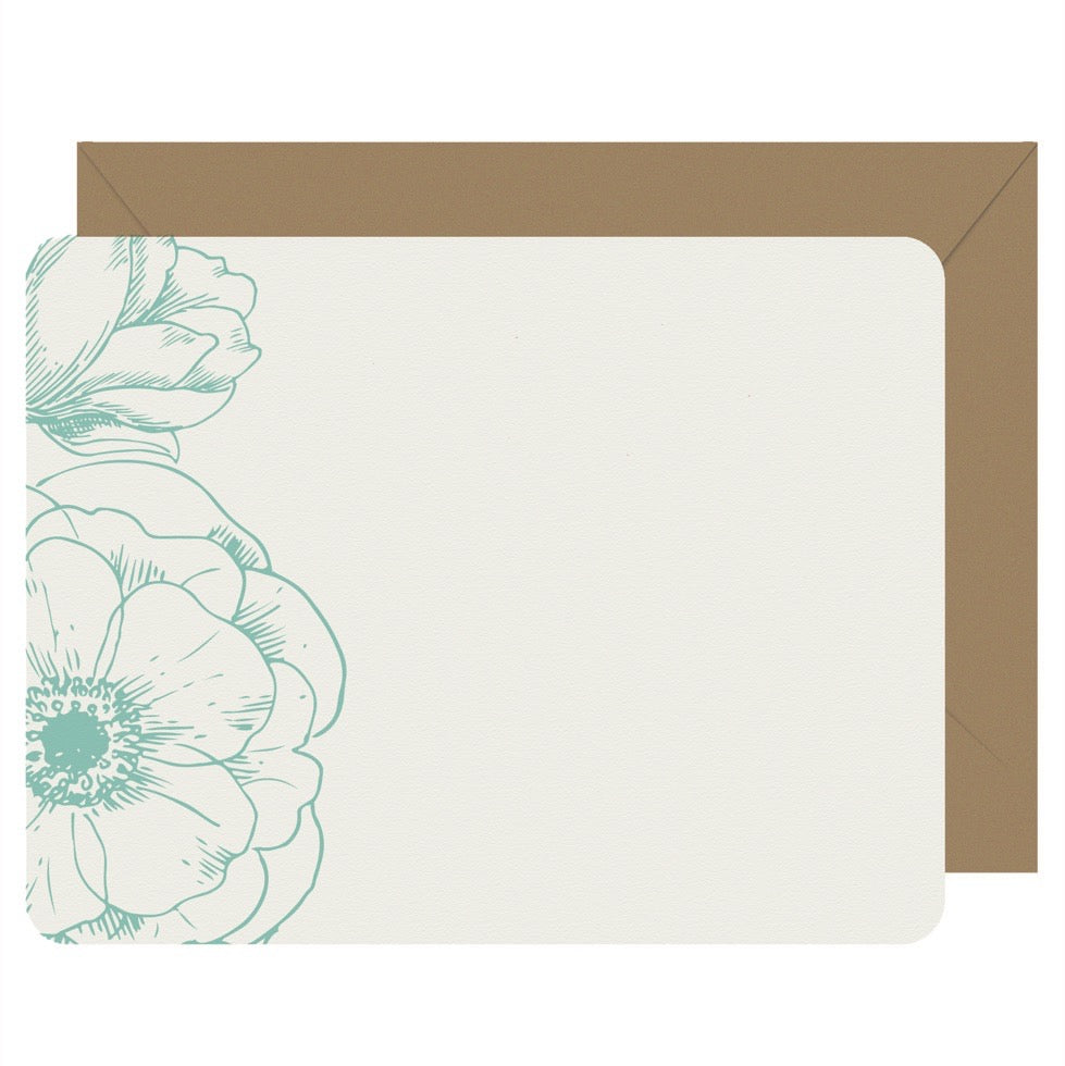 Letterpress Flat Note Card Set - Peonies