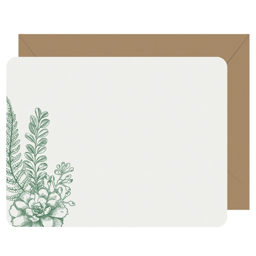 Letterpress Flat Note Card Set - Succulent &amp; Fern