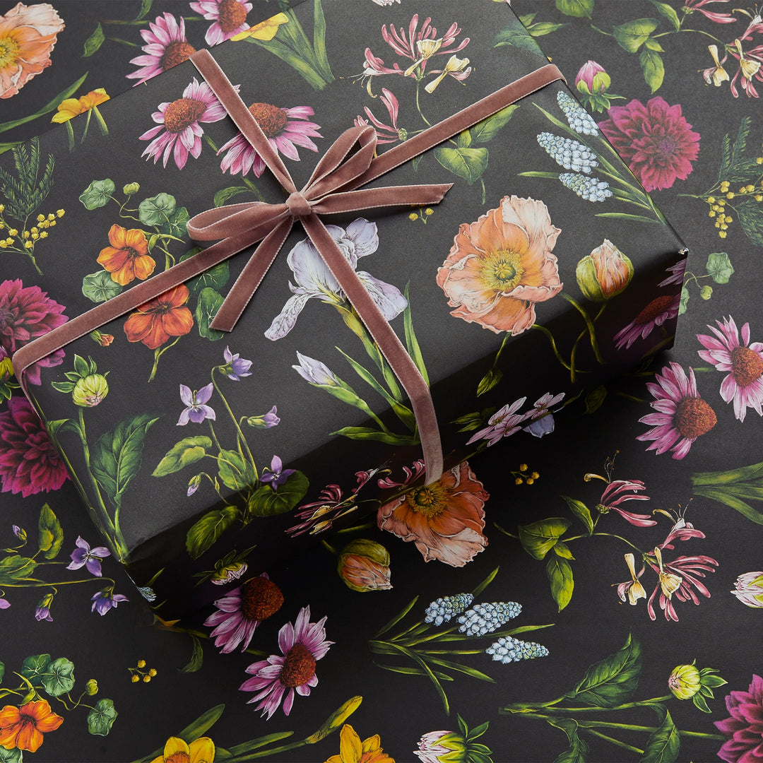 Catherine Lewis Bountiful Bloom - Black Floral Gift Wrapping Paper (2 Sheets)