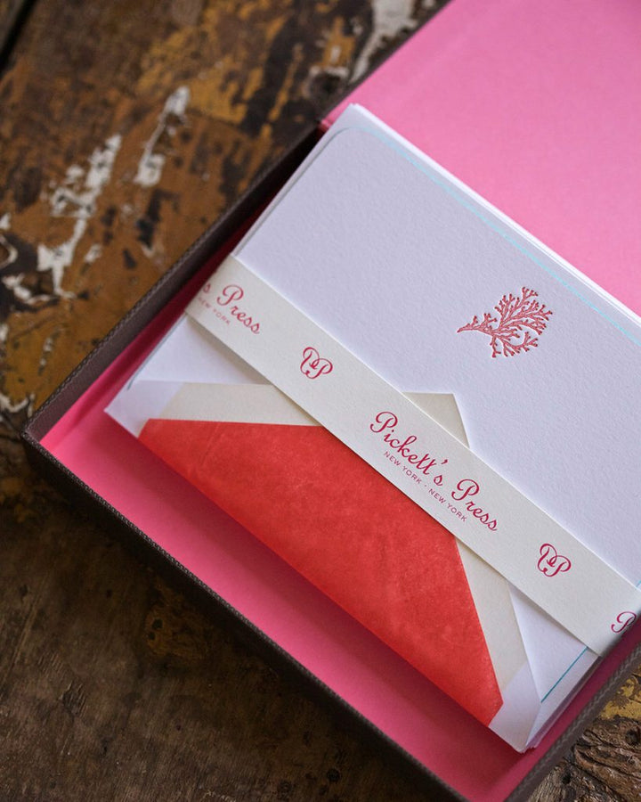 Coral Letter Press Note Cards 6.25" x 4.5" (10 Flat Cards &amp; Line Envelopes)