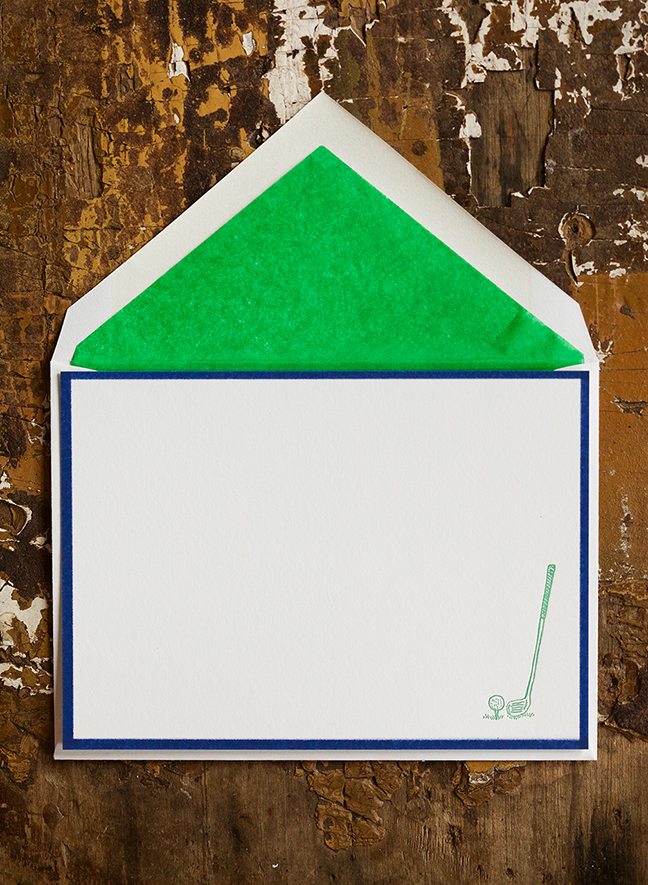 Golf Letter Press Note Cards A6 (10 Flat Cards &amp; Lined Envelopes)
