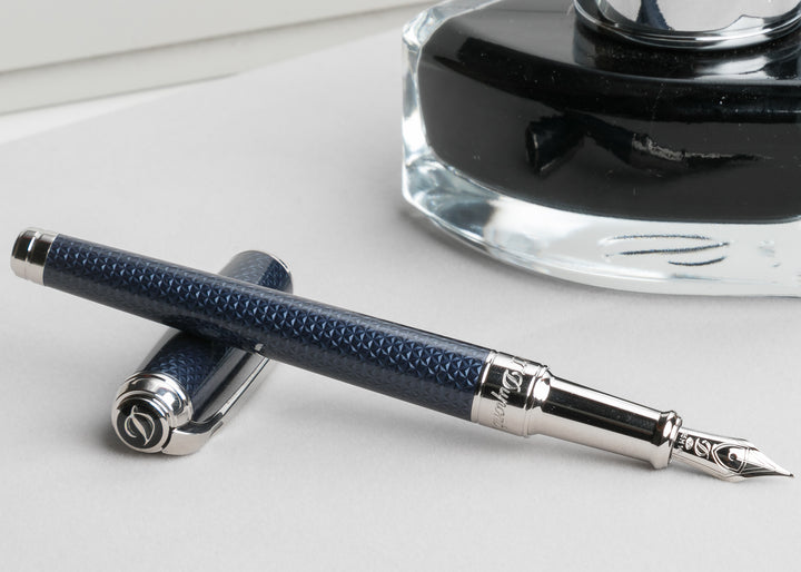 S.T. Dupont Line D Medium Fountain Pen - Guilloche Blue &amp; Palladium