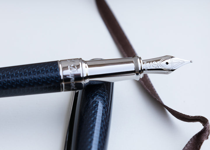 S.T. Dupont Line D Medium Fountain Pen - Guilloche Blue &amp; Palladium