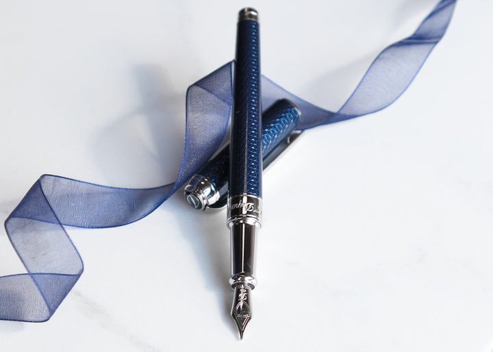 S.T. Dupont Line D Medium Fountain Pen - Guilloche Blue &amp; Palladium