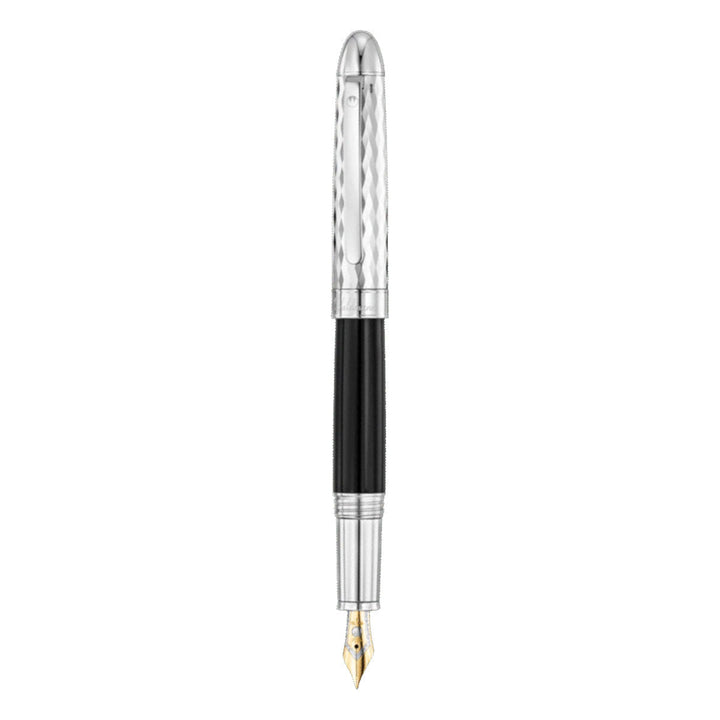 Waldmann Précieux Fountain Pen - Black Lacquer/Fine Diamond Cut wave pattern - Steel