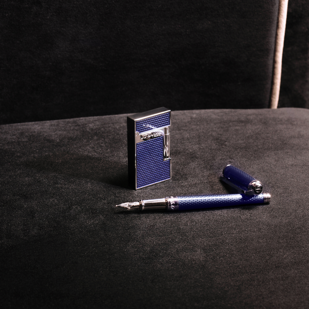 S.T. Dupont Line D Medium Fountain Pen - Guilloche Blue &amp; Palladium